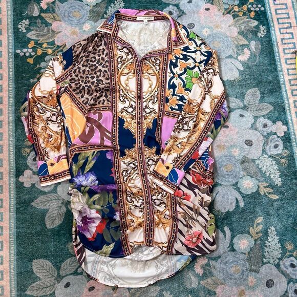 Her Bottari Shirt Dress Large Multicolor Patchwork Long Sleeve Button Front Mini - Picture 12 of 15